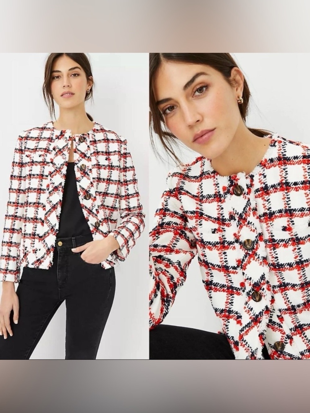 Ann Taylor Plaid Fringe Tweed Button-Up Blazer Jacket Red/White/Navy Size 4P